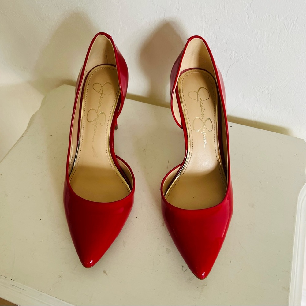 Cherry Red Jessica Simpson Dorsay faux leather high heels pump shoes